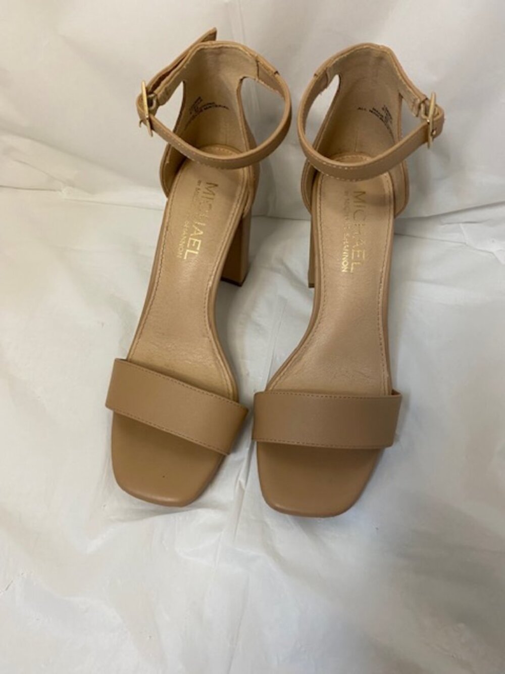 Michael By Michael Shannon Stella Open Toe Block Heel Sandals, Tan, Size 6.5